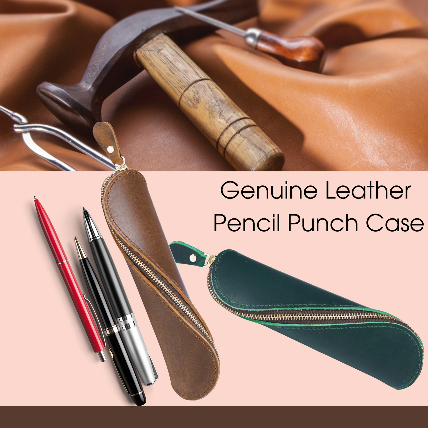 Leather Pencil Case Crazy Horse Zipper S-Shape Organizer Pen Holder for Office